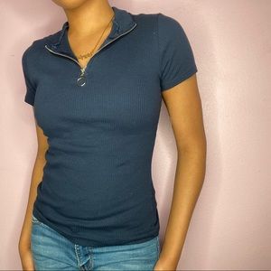 Navy Blue Short Sleeve Zip up Knit Top